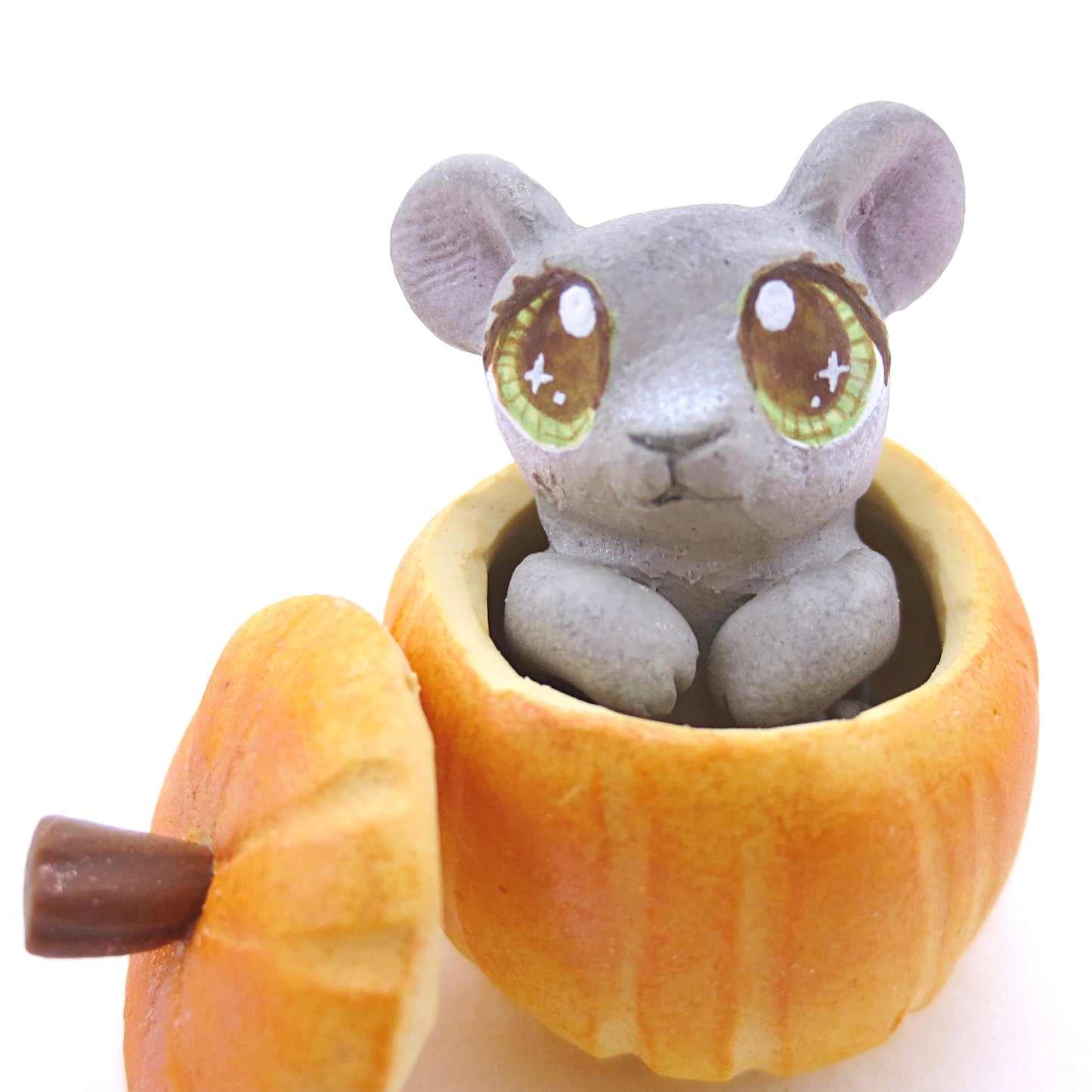 Baby Mouse in Pumpkin Figurine - Polymer Clay Fall Animals