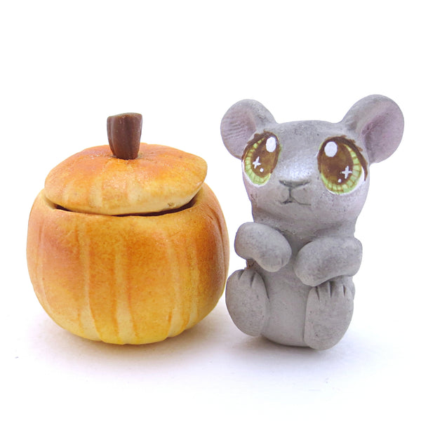 Baby Mouse in Pumpkin Figurine - Polymer Clay Fall Animals