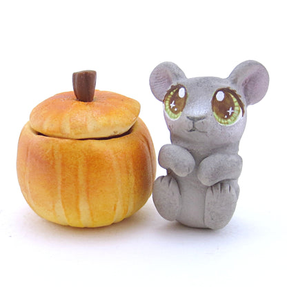 Baby Mouse in Pumpkin Figurine - Polymer Clay Fall Animals