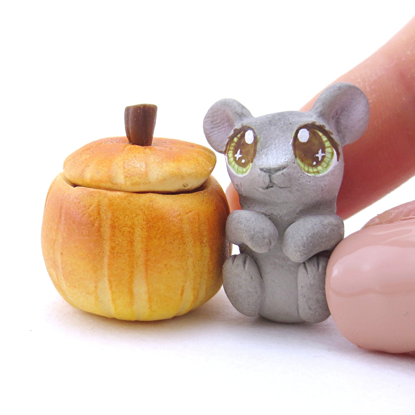 Baby Mouse in Pumpkin Figurine - Polymer Clay Fall Animals