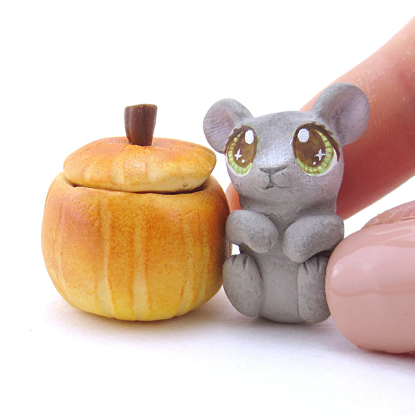 Baby Mouse in Pumpkin Figurine - Polymer Clay Fall Animals