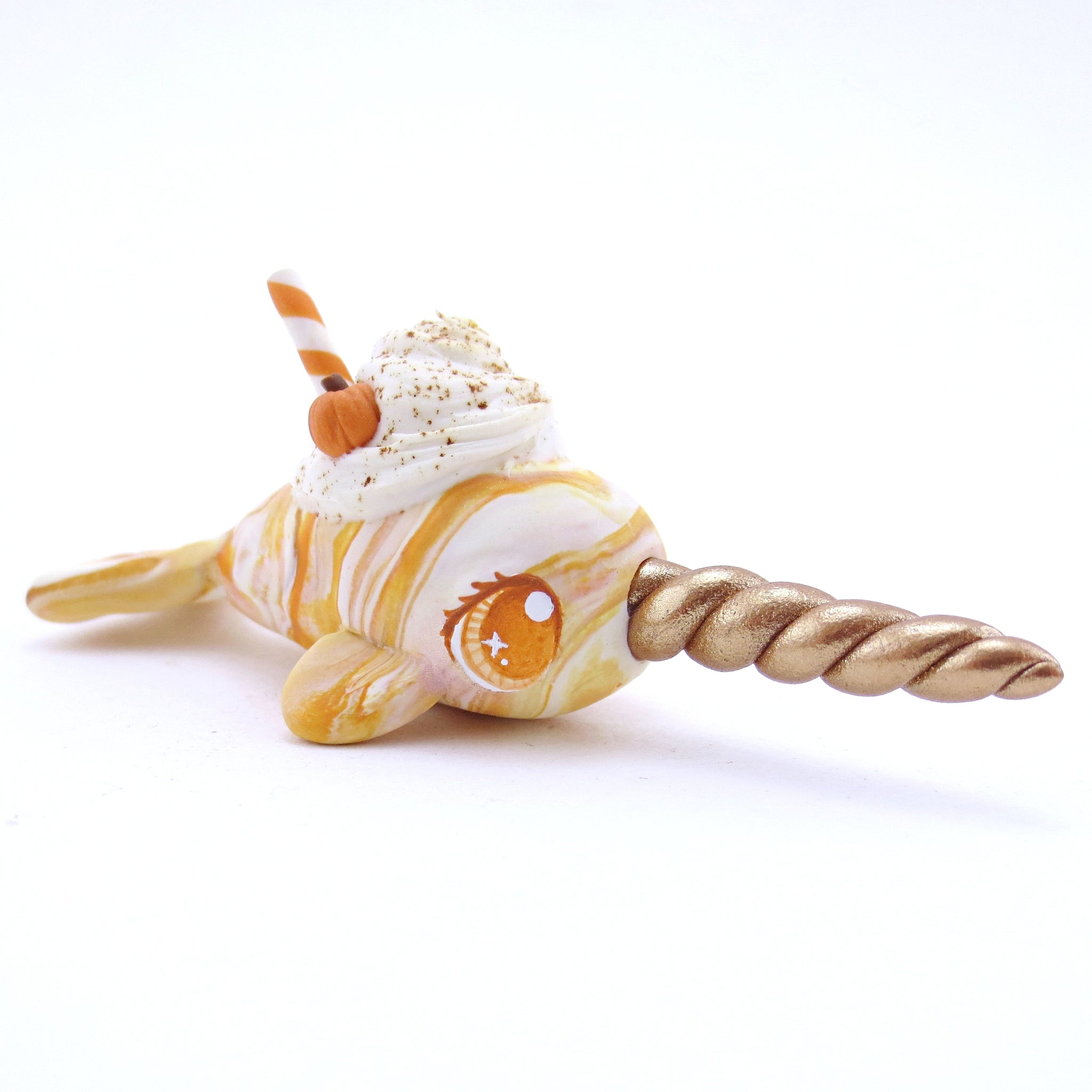 Pumpkin Spice Vanilla Swirl Narwhal Figurine - Striped Swirl Version - Polymer Clay Fall Animals