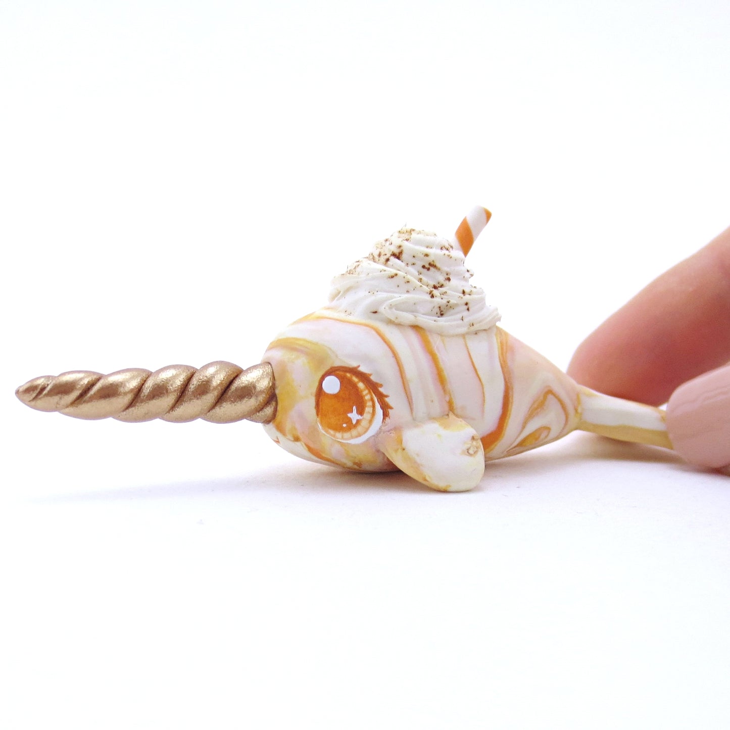 Pumpkin Spice Vanilla Swirl Narwhal Figurine - Striped Swirl Version - Polymer Clay Fall Animals