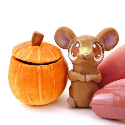 Mouse in a Pumpkin Figurine - Polymer Clay Fall Animals