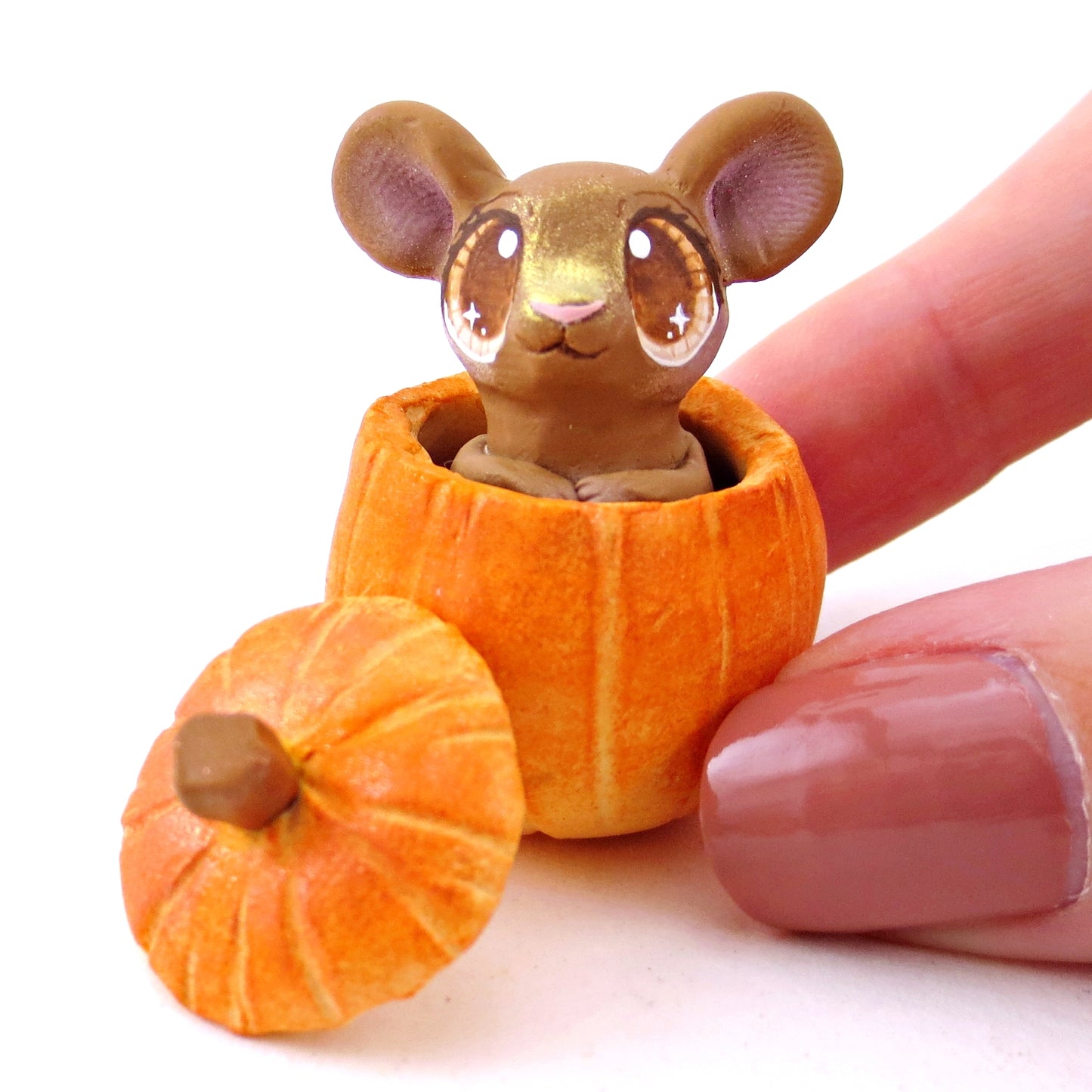 Mouse in a Pumpkin Figurine - Polymer Clay Fall Animals