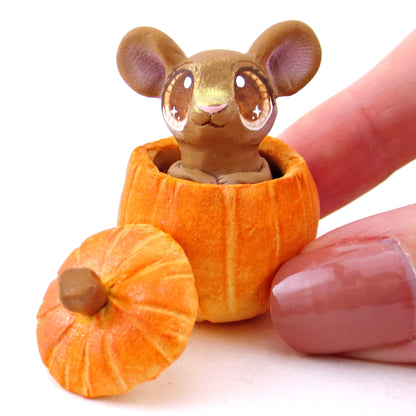 Mouse in a Pumpkin Figurine - Polymer Clay Fall Animals