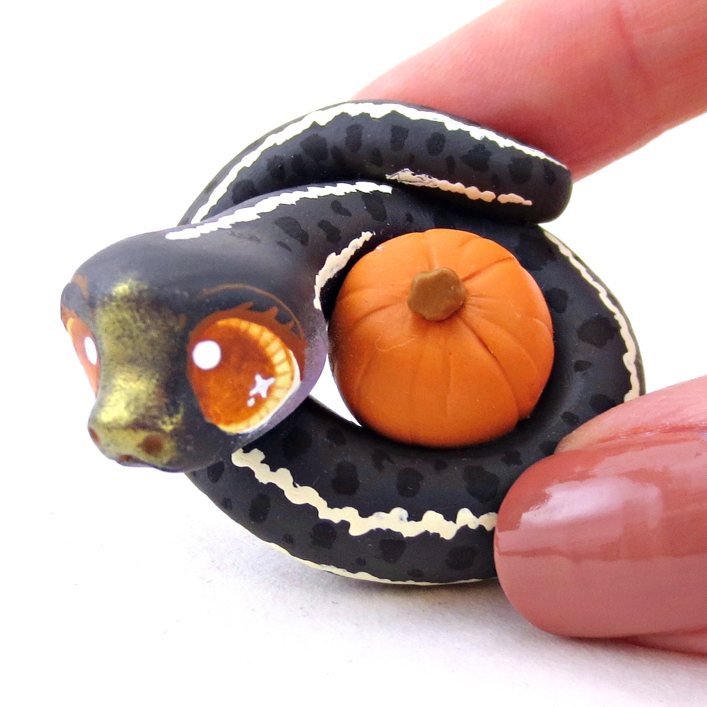 Pumpkin Hugger Garter Snake Figurine - Polymer Clay Fall Animals