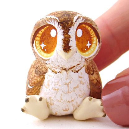 Amber-Eyed Tawny Owl Figurine - Polymer Clay Fall Animals