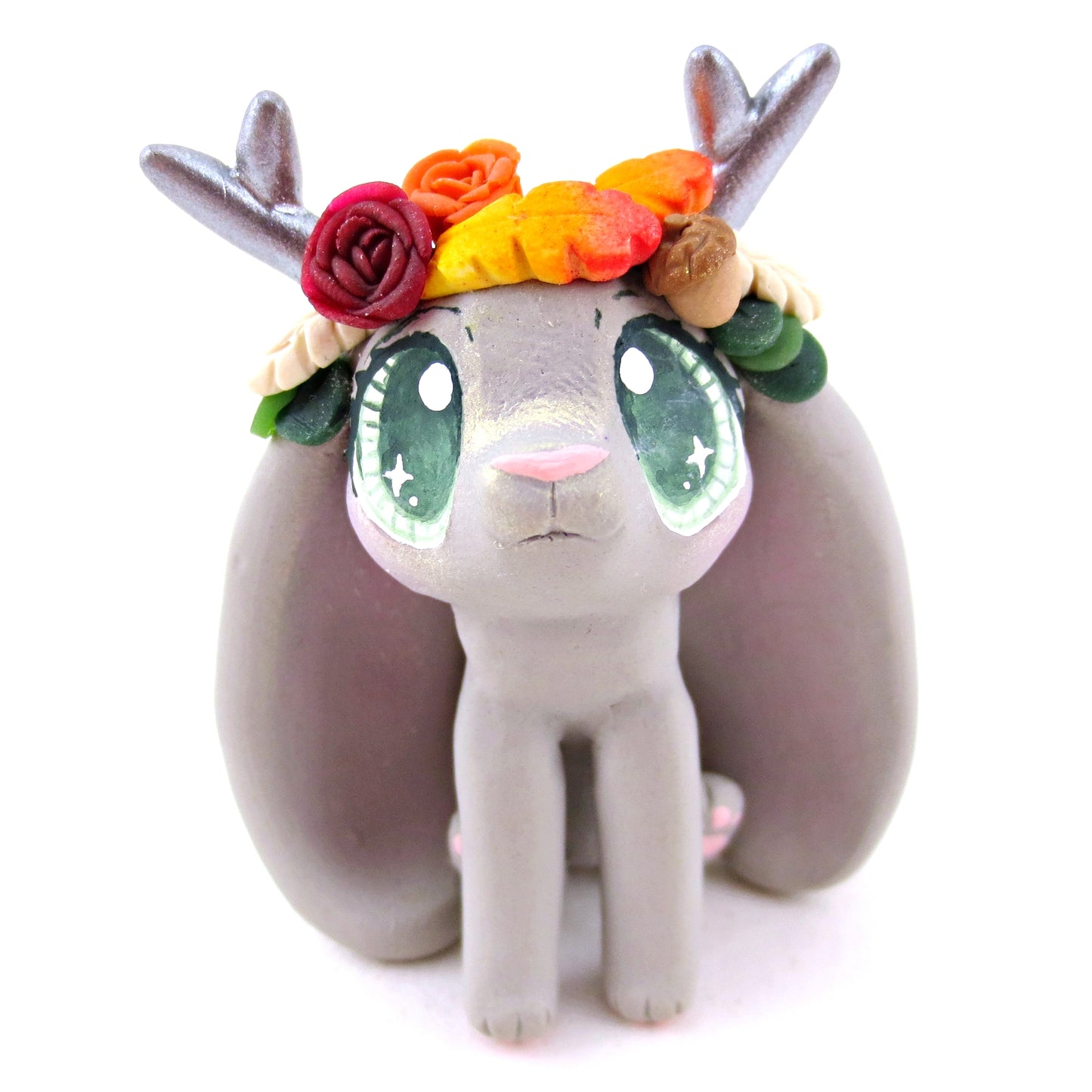 Fall Flower Crown Grey Jackalope Figurine - Polymer Clay Fall Animals