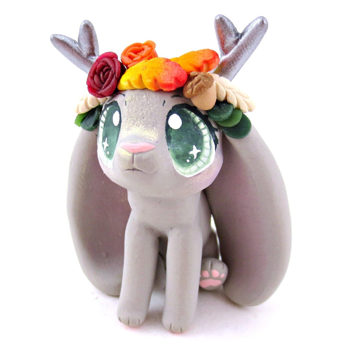 Fall Flower Crown Grey Jackalope Figurine - Polymer Clay Fall Animals