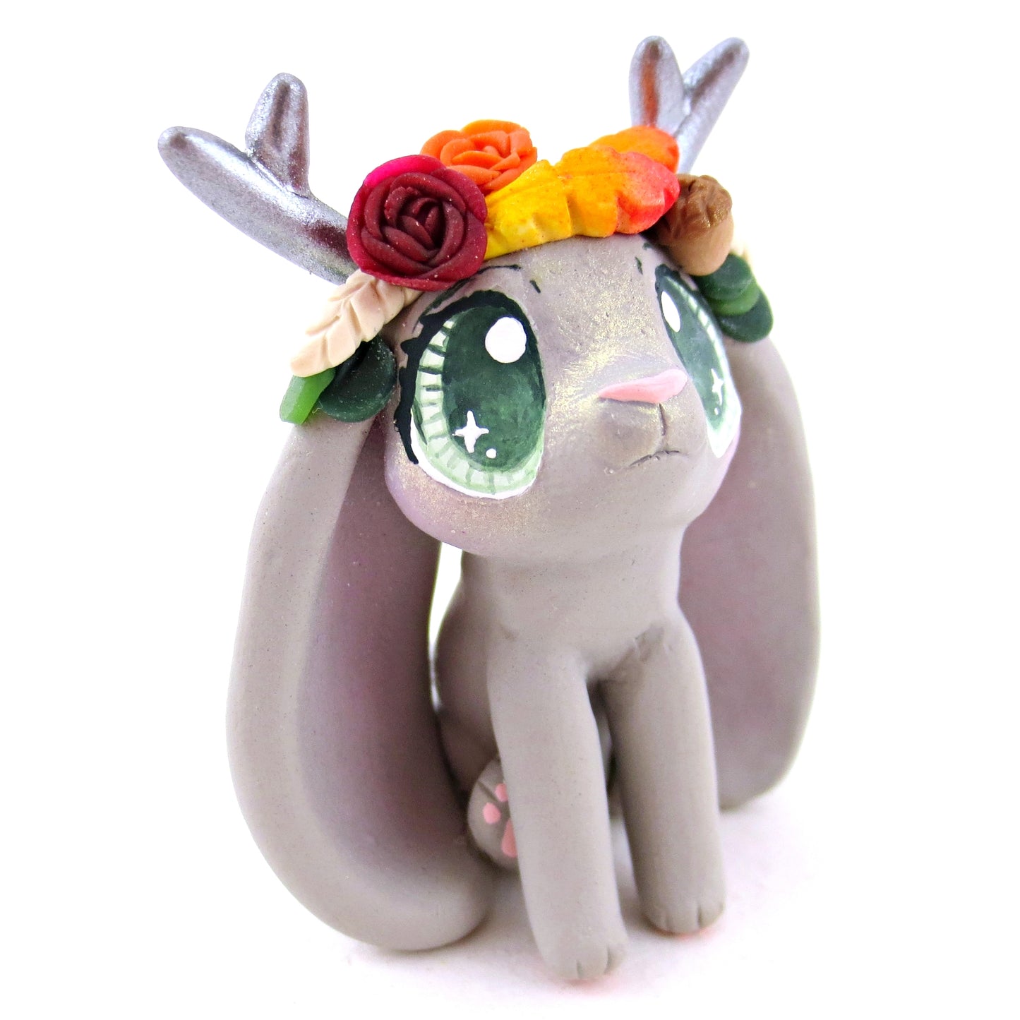 Fall Flower Crown Grey Jackalope Figurine - Polymer Clay Fall Animals