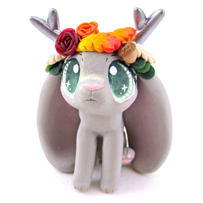 Fall Flower Crown Grey Jackalope Figurine - Polymer Clay Fall Animals