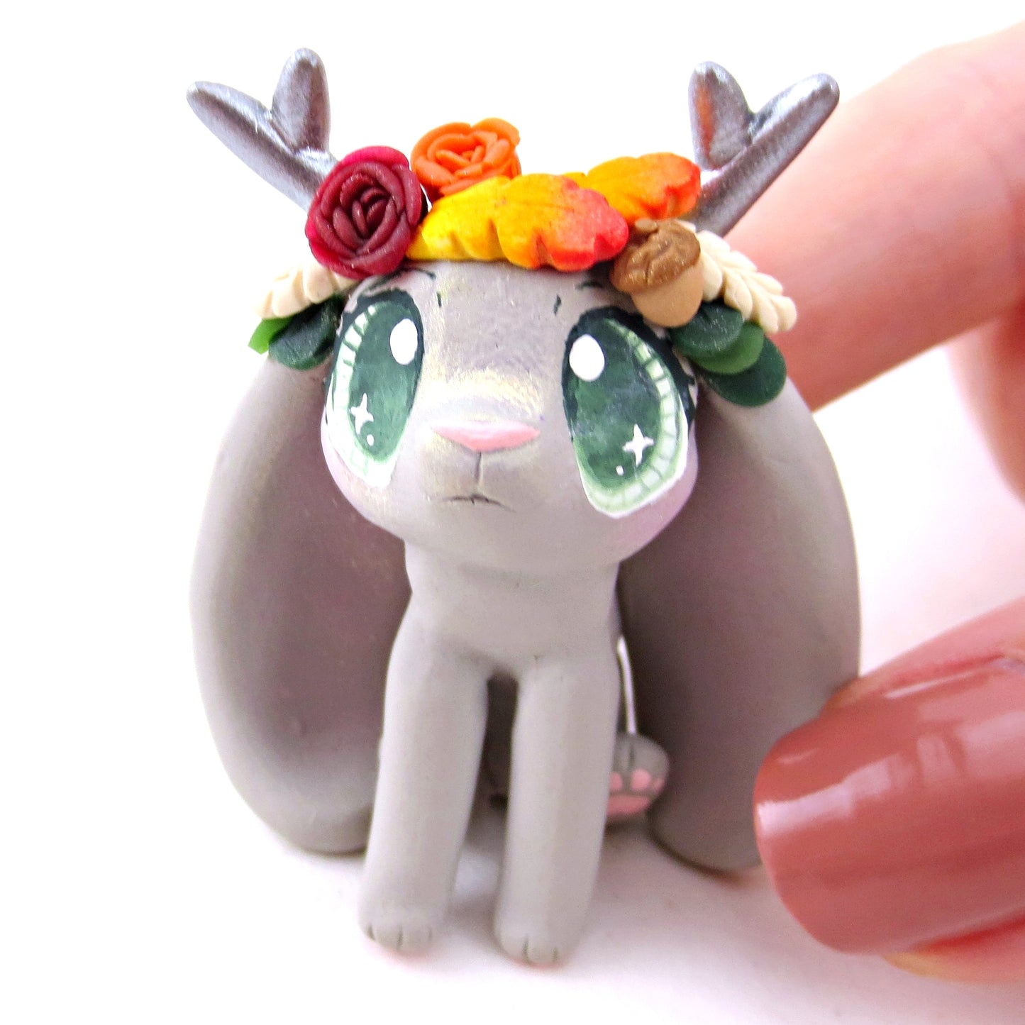 Fall Flower Crown Grey Jackalope Figurine - Polymer Clay Fall Animals