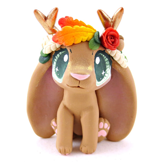 Fall Flower Crown Brown Jackalope Figurine - Polymer Clay Fall Animals