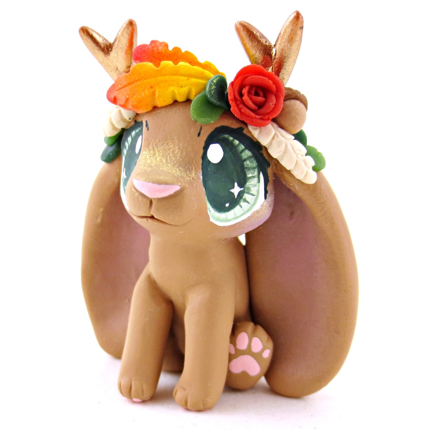 Fall Flower Crown Brown Jackalope Figurine - Polymer Clay Fall Animals