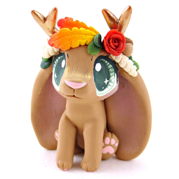 Fall Flower Crown Brown Jackalope Figurine - Polymer Clay Fall Animals