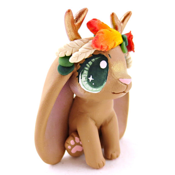 Fall Flower Crown Brown Jackalope Figurine - Polymer Clay Fall Animals