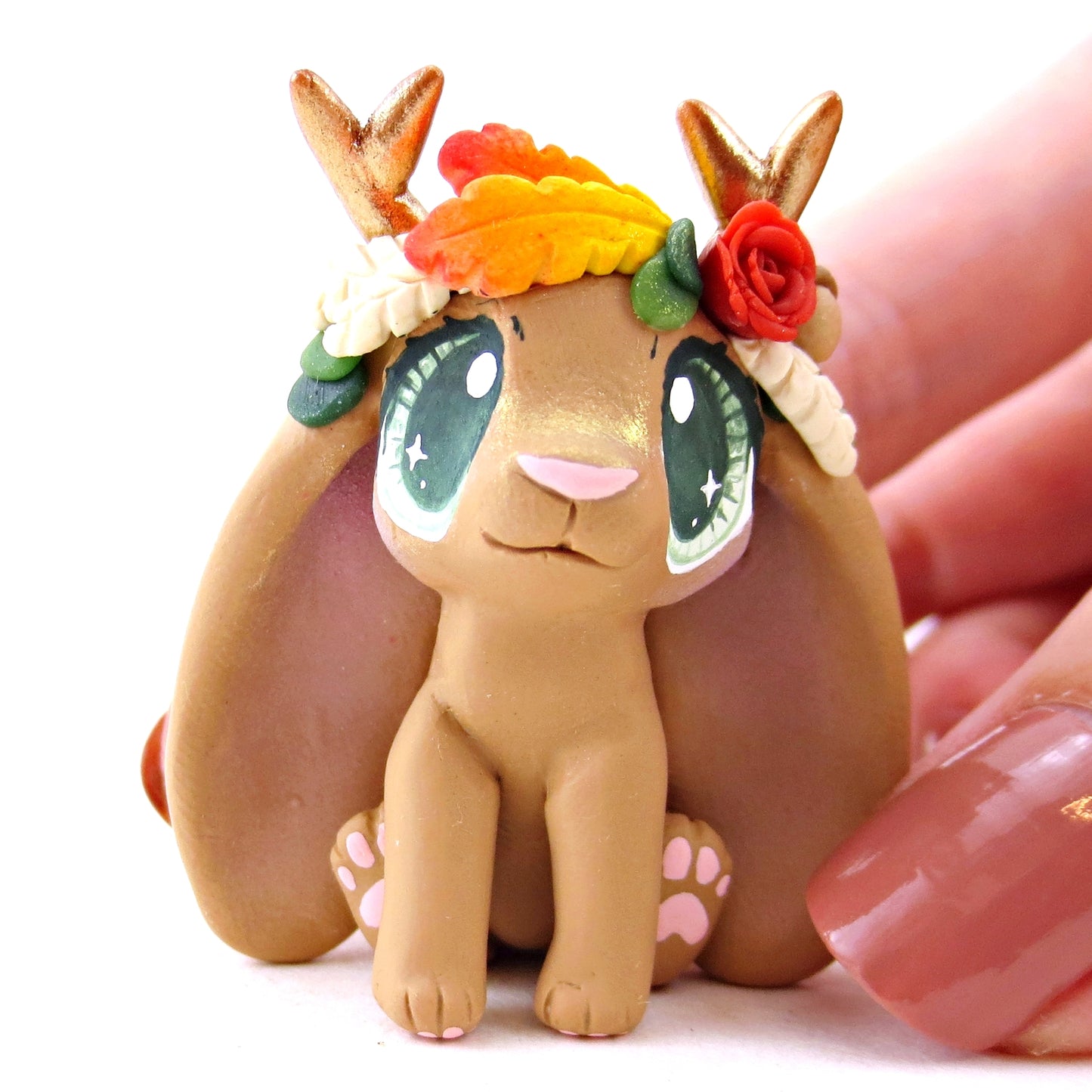 Fall Flower Crown Brown Jackalope Figurine - Polymer Clay Fall Animals