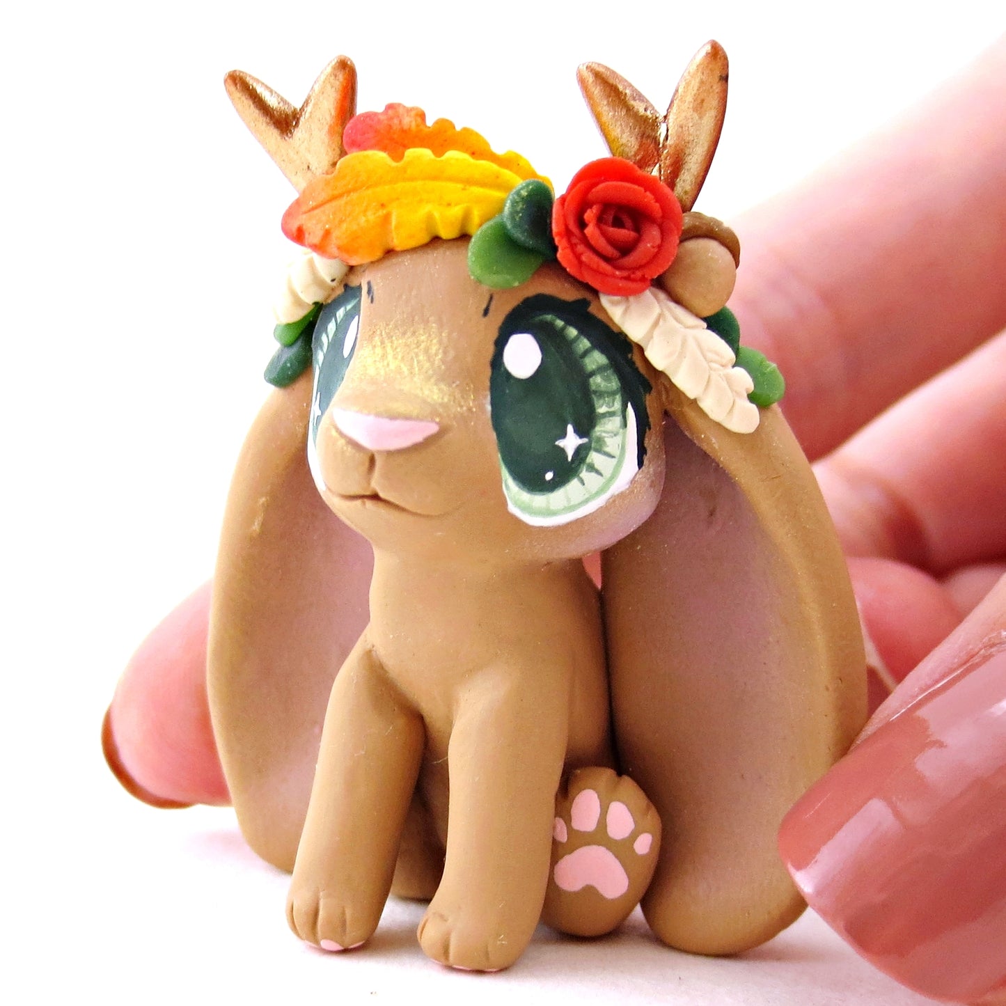 Fall Flower Crown Brown Jackalope Figurine - Polymer Clay Fall Animals