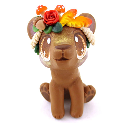 Fall Flower Crown Brown Bear Figurine - Polymer Clay Fall Animals