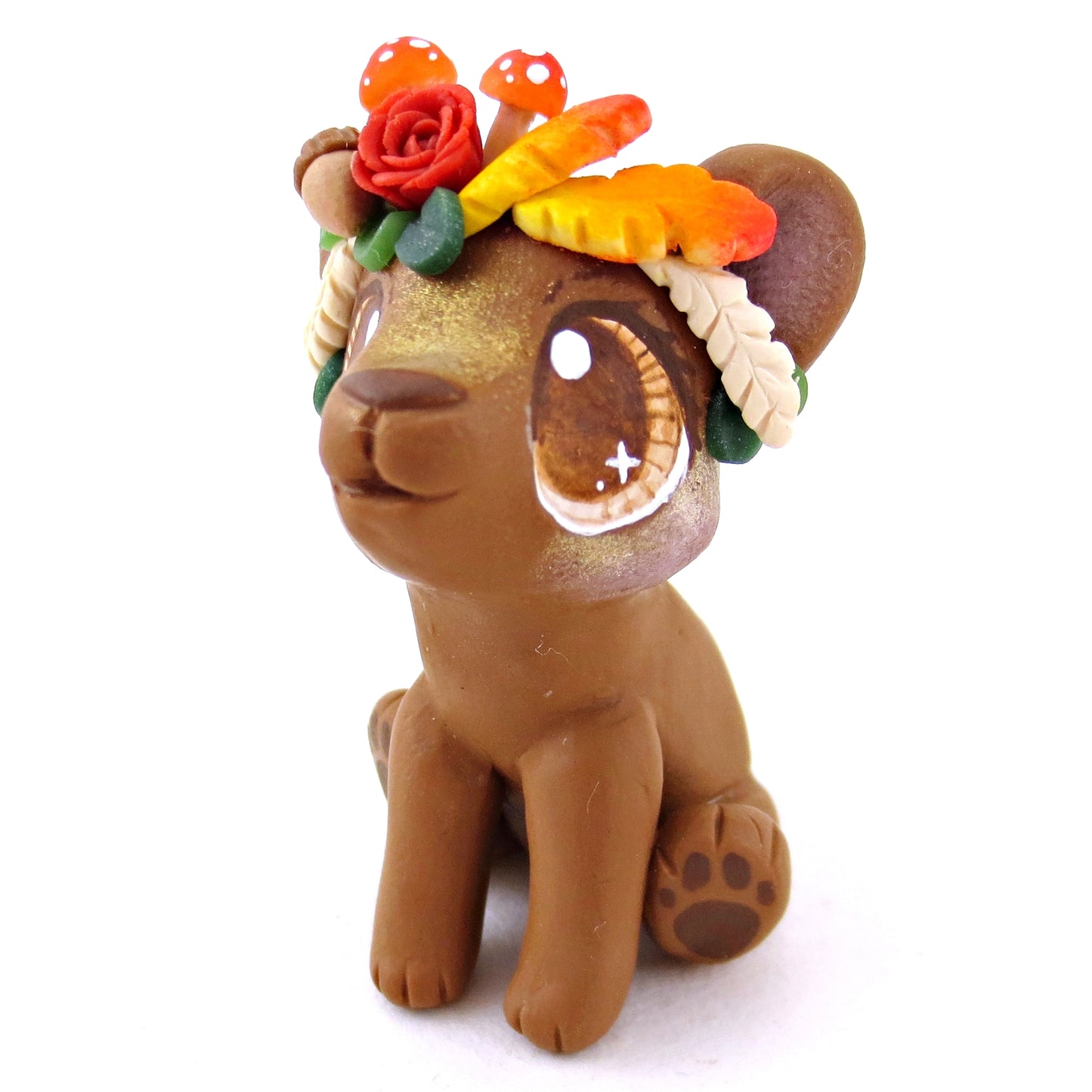 Fall Flower Crown Brown Bear Figurine - Polymer Clay Fall Animals