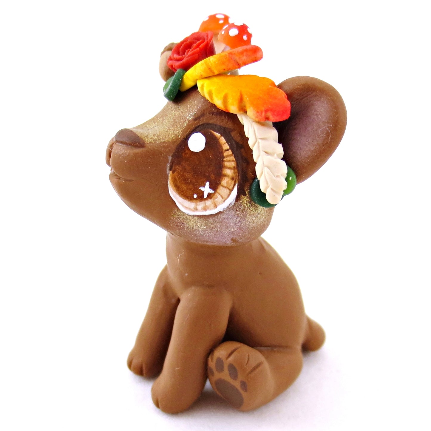 Fall Flower Crown Brown Bear Figurine - Polymer Clay Fall Animals