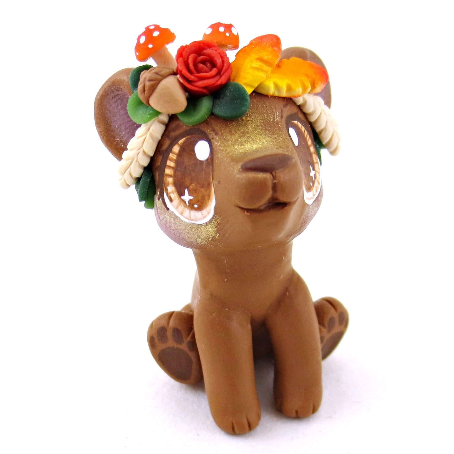 Fall Flower Crown Brown Bear Figurine - Polymer Clay Fall Animals