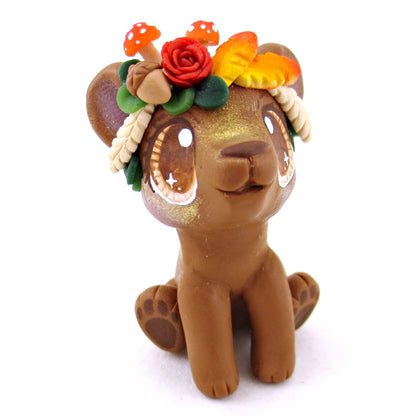 Fall Flower Crown Brown Bear Figurine - Polymer Clay Fall Animals