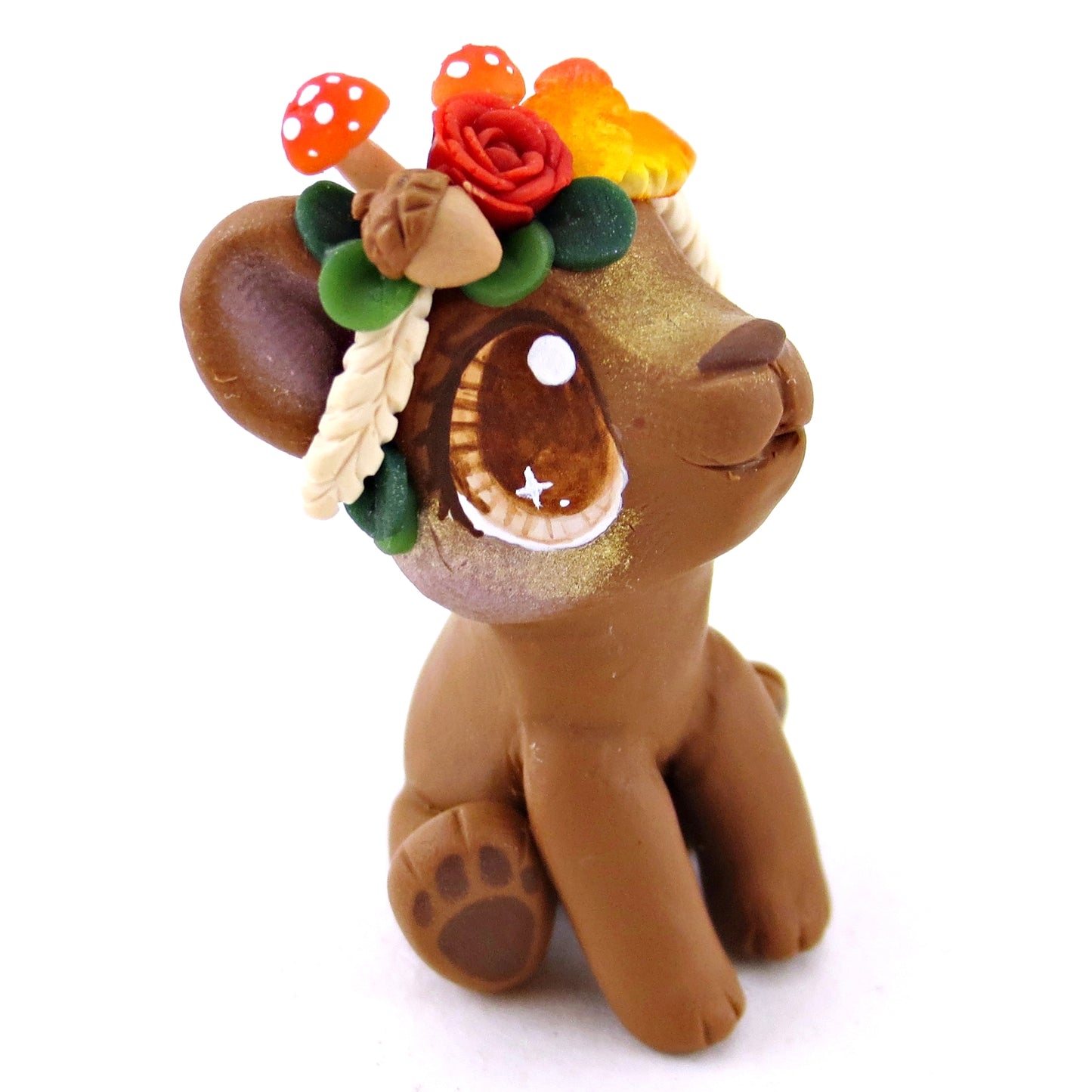 Fall Flower Crown Brown Bear Figurine - Polymer Clay Fall Animals