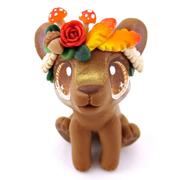 Fall Flower Crown Brown Bear Figurine - Polymer Clay Fall Animals