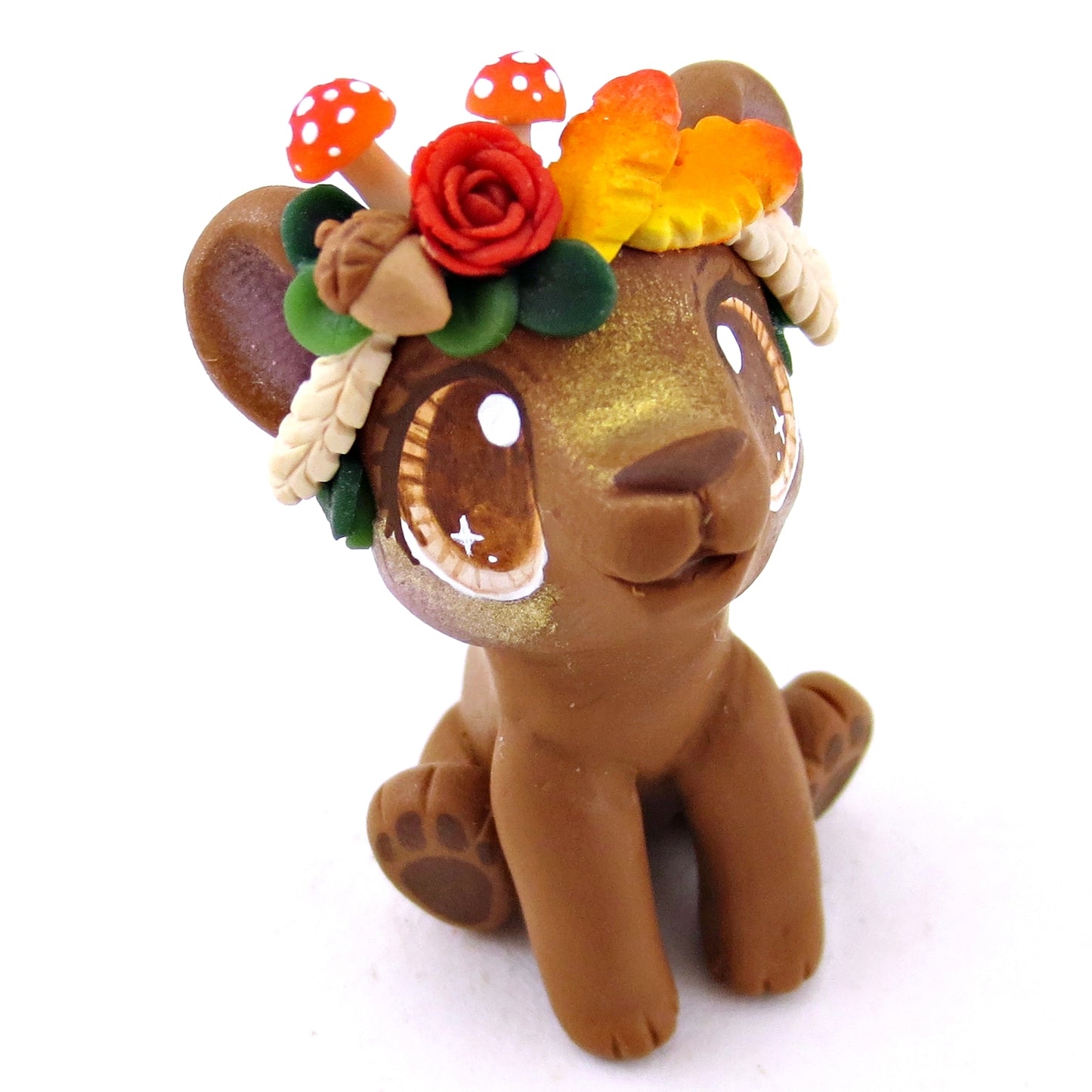 Fall Flower Crown Brown Bear Figurine - Polymer Clay Fall Animals