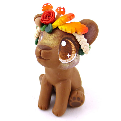 Fall Flower Crown Brown Bear Figurine - Polymer Clay Fall Animals