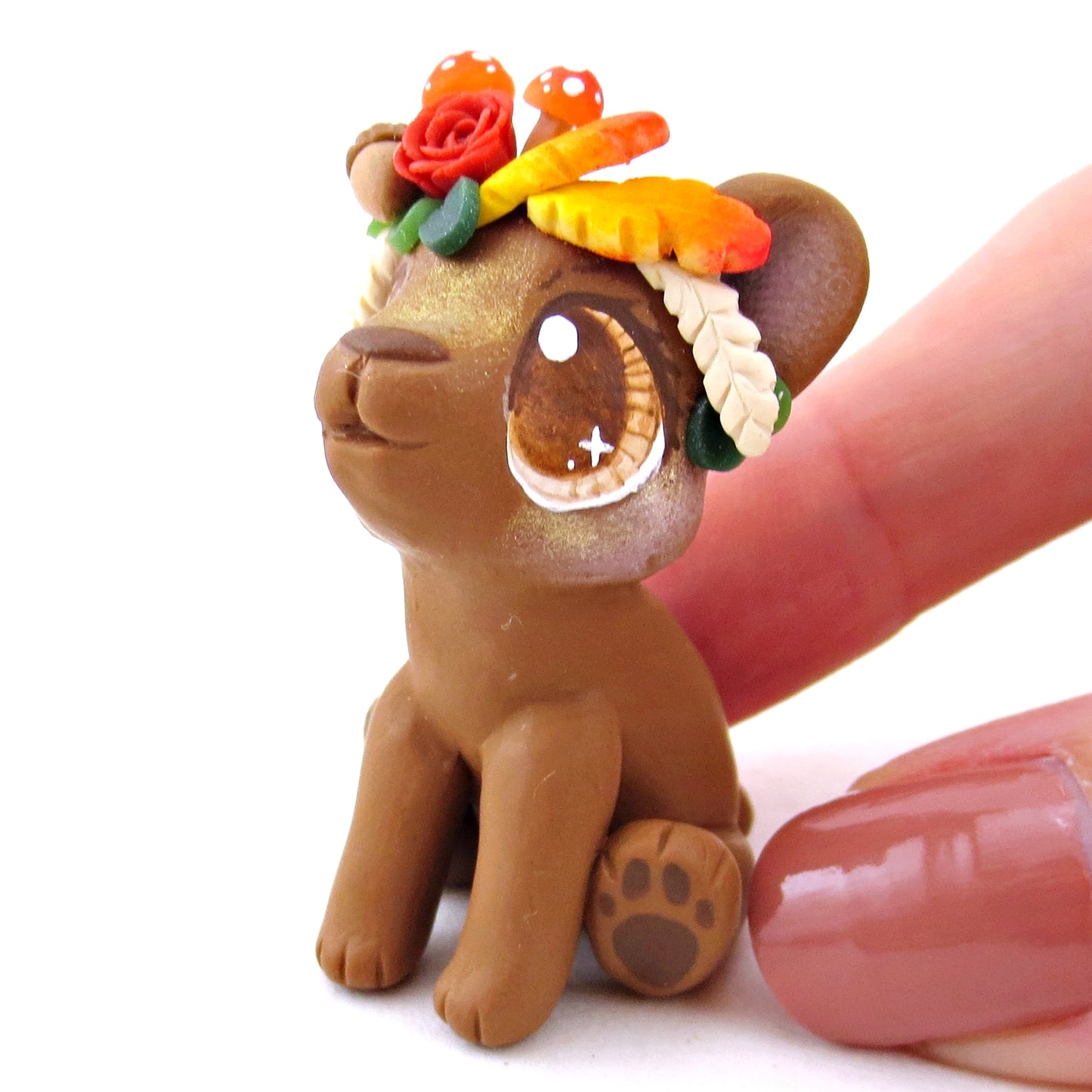 Fall Flower Crown Brown Bear Figurine - Polymer Clay Fall Animals