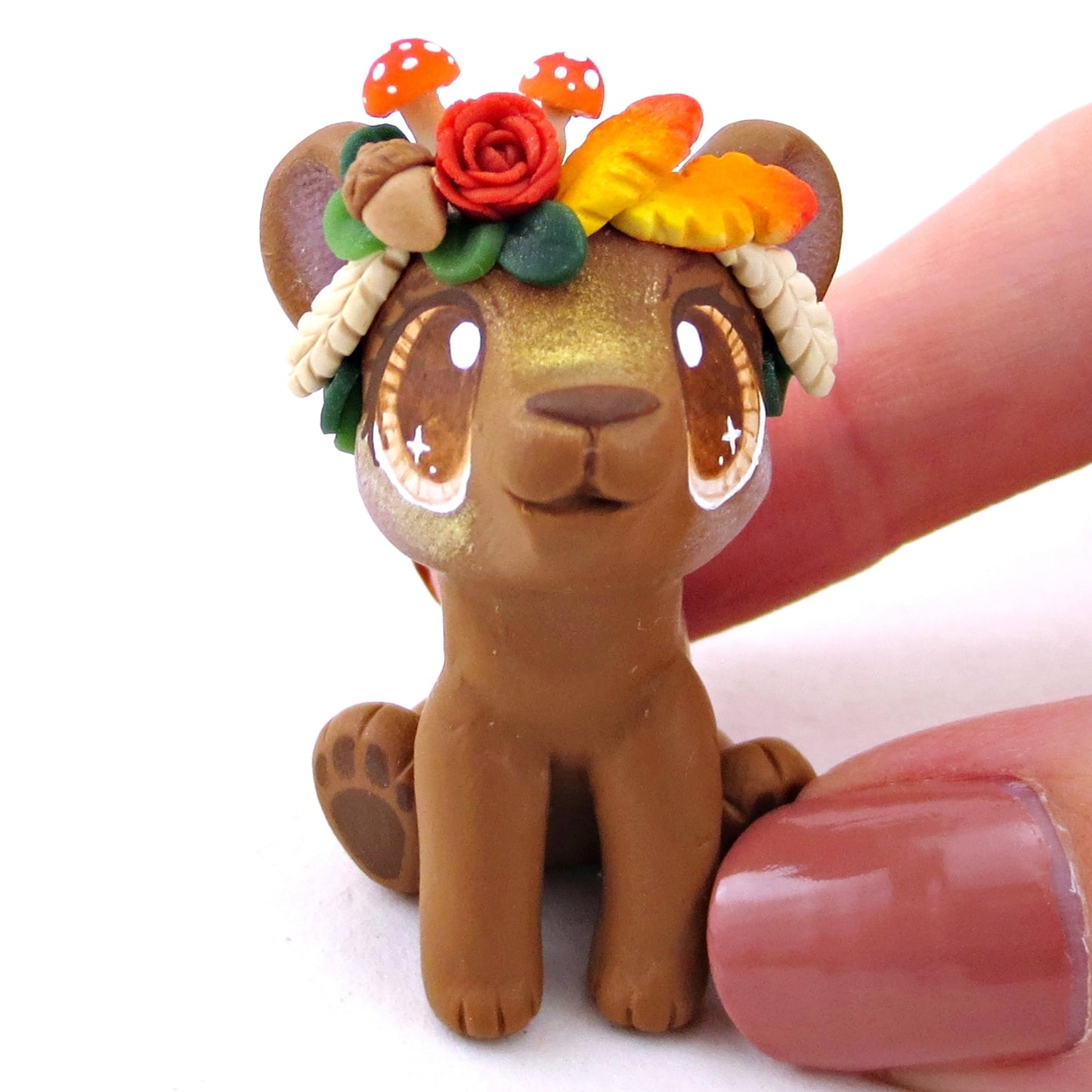 Fall Flower Crown Brown Bear Figurine - Polymer Clay Fall Animals