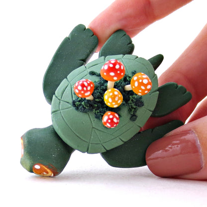 Mushroom Mossy Turtle Figurine - Polymer Clay Fall Animals