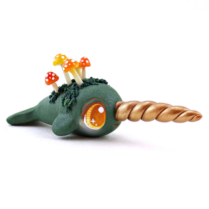 Mushroom Mossy Narwhal Figurine - Polymer Clay Fall Animals