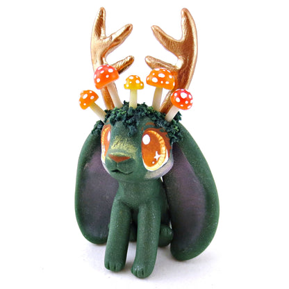 Mushroom Crown Mossy Jackalope Figurine - Polymer Clay Fall Animals