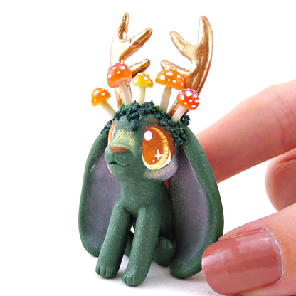 Mushroom Crown Mossy Jackalope Figurine - Polymer Clay Fall Animals