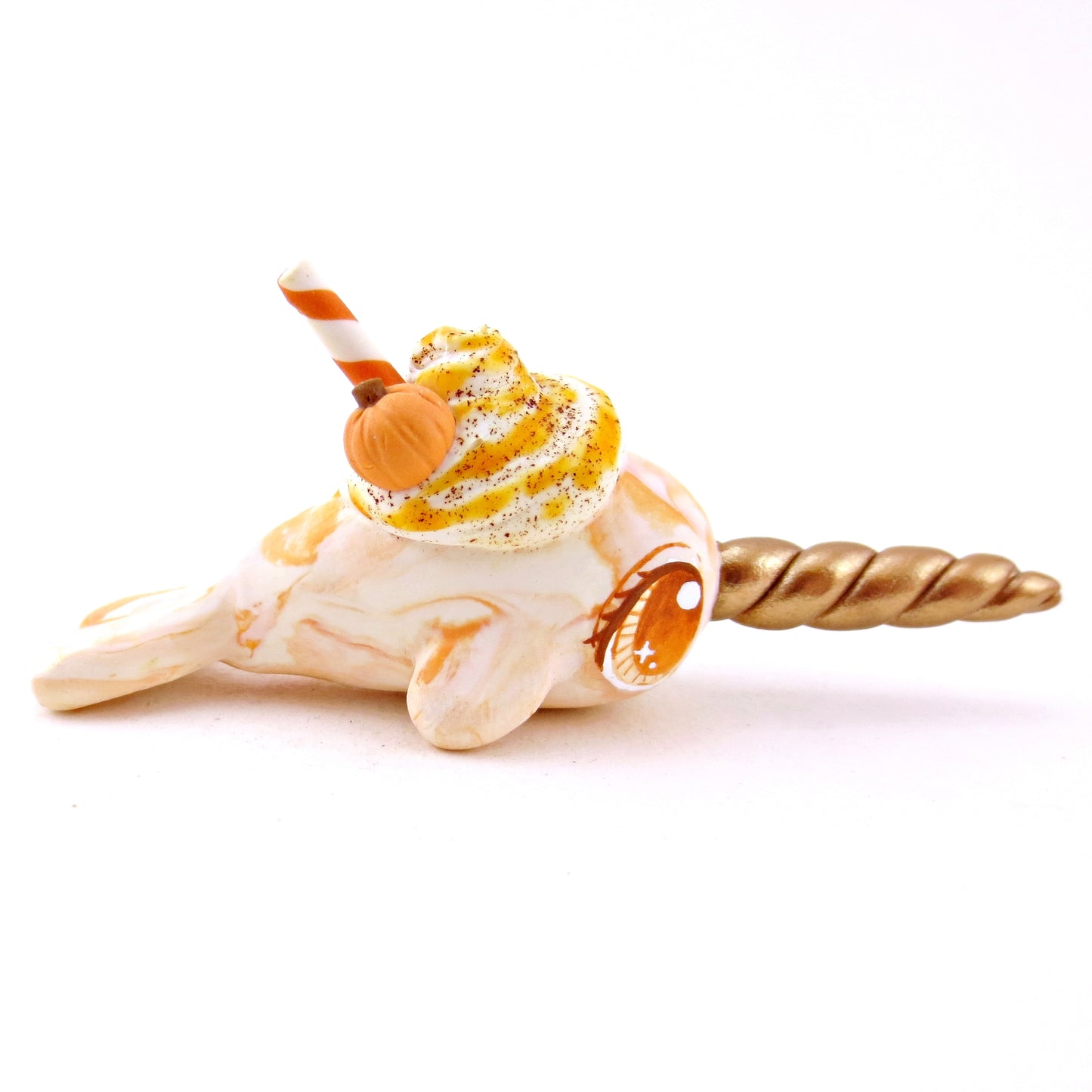 Pumpkin Spice Vanilla Swirl Narwhal Figurine - Polymer Clay Fall Animals