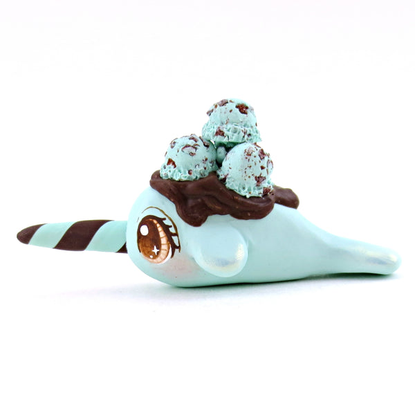 Mint Chocolate Chip Ice Cream Narwhal Figurine - Polymer Clay Ice Cream Animals