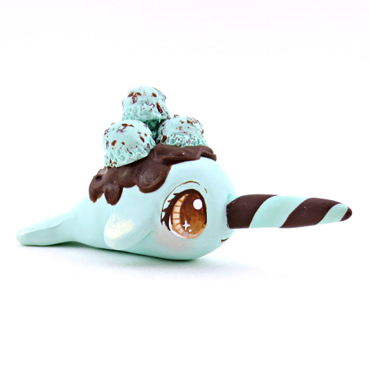 Mint Chocolate Chip Ice Cream Narwhal Figurine - Polymer Clay Ice Cream Animals