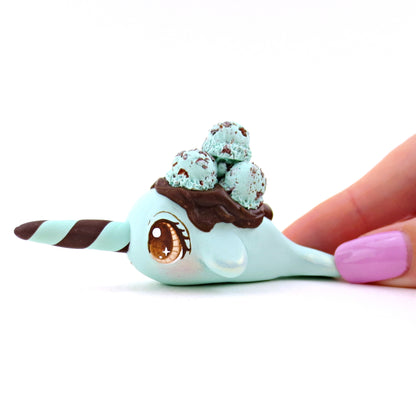 Mint Chocolate Chip Ice Cream Narwhal Figurine - Polymer Clay Ice Cream Animals