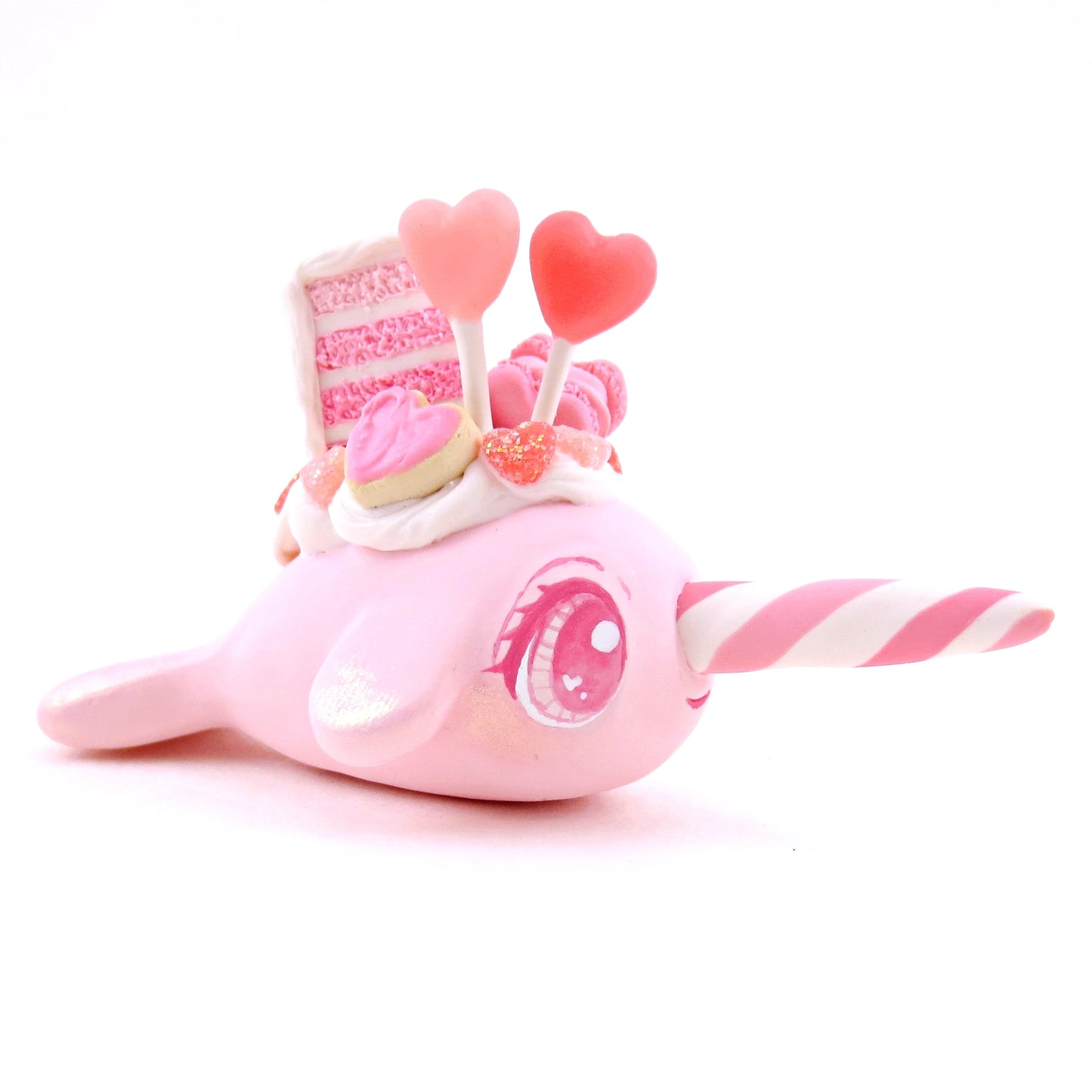 Light Pink Valentine Dessert Narwhal Figurine - Polymer Clay Valentine's Day Animal Collection