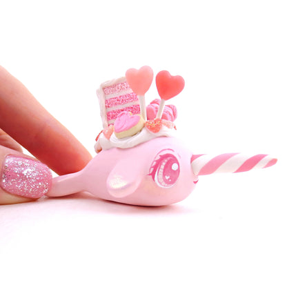 Light Pink Valentine Dessert Narwhal Figurine - Polymer Clay Valentine's Day Animal Collection