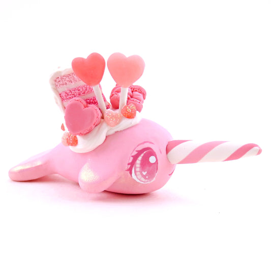 Medium Pink Valentine Dessert Narwhal Figurine - Polymer Clay Valentine's Day Animal Collection