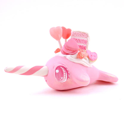 Medium Pink Valentine Dessert Narwhal Figurine - Polymer Clay Valentine's Day Animal Collection