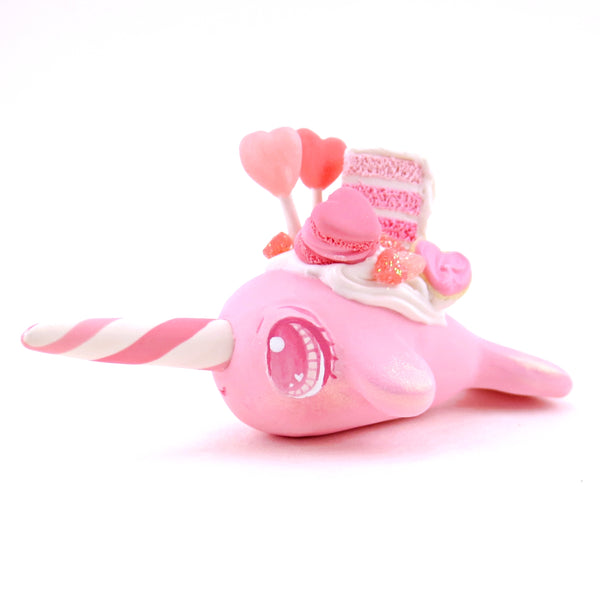 Medium Pink Valentine Dessert Narwhal Figurine - Polymer Clay Valentine's Day Animal Collection