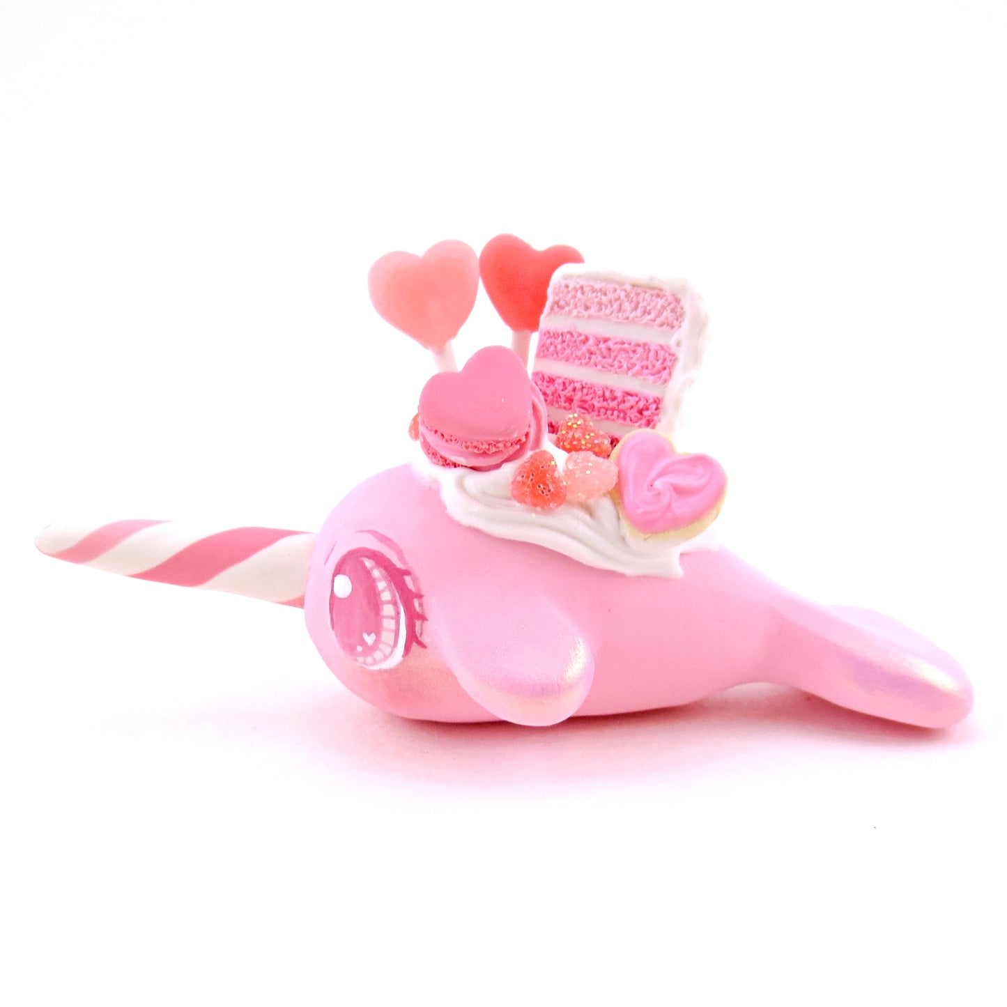 Medium Pink Valentine Dessert Narwhal Figurine - Polymer Clay Valentine's Day Animal Collection