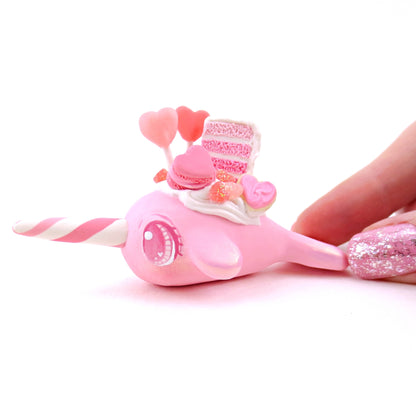 Medium Pink Valentine Dessert Narwhal Figurine - Polymer Clay Valentine's Day Animal Collection