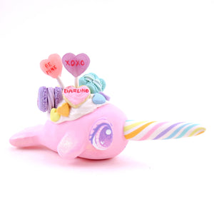 Pink Candy Heart Narwhal Figurine - Polymer Clay Valentine's Day Animal Collection